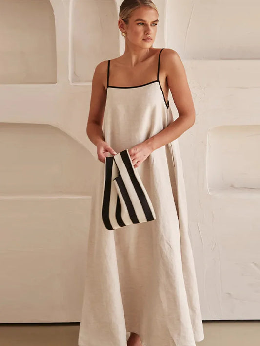 Cotton Linen Sling Dress Summer Backless Sleeveless Slip Long Dresses Lady Loose Maxi Dress