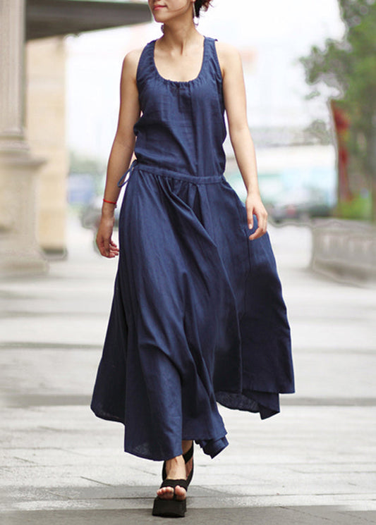 Drawstring Ruched Sleeveless Maxi Dress Navy Lc0044