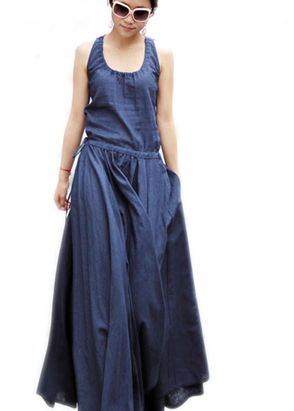 Drawstring Ruched Sleeveless Maxi Dress Navy Lc0044