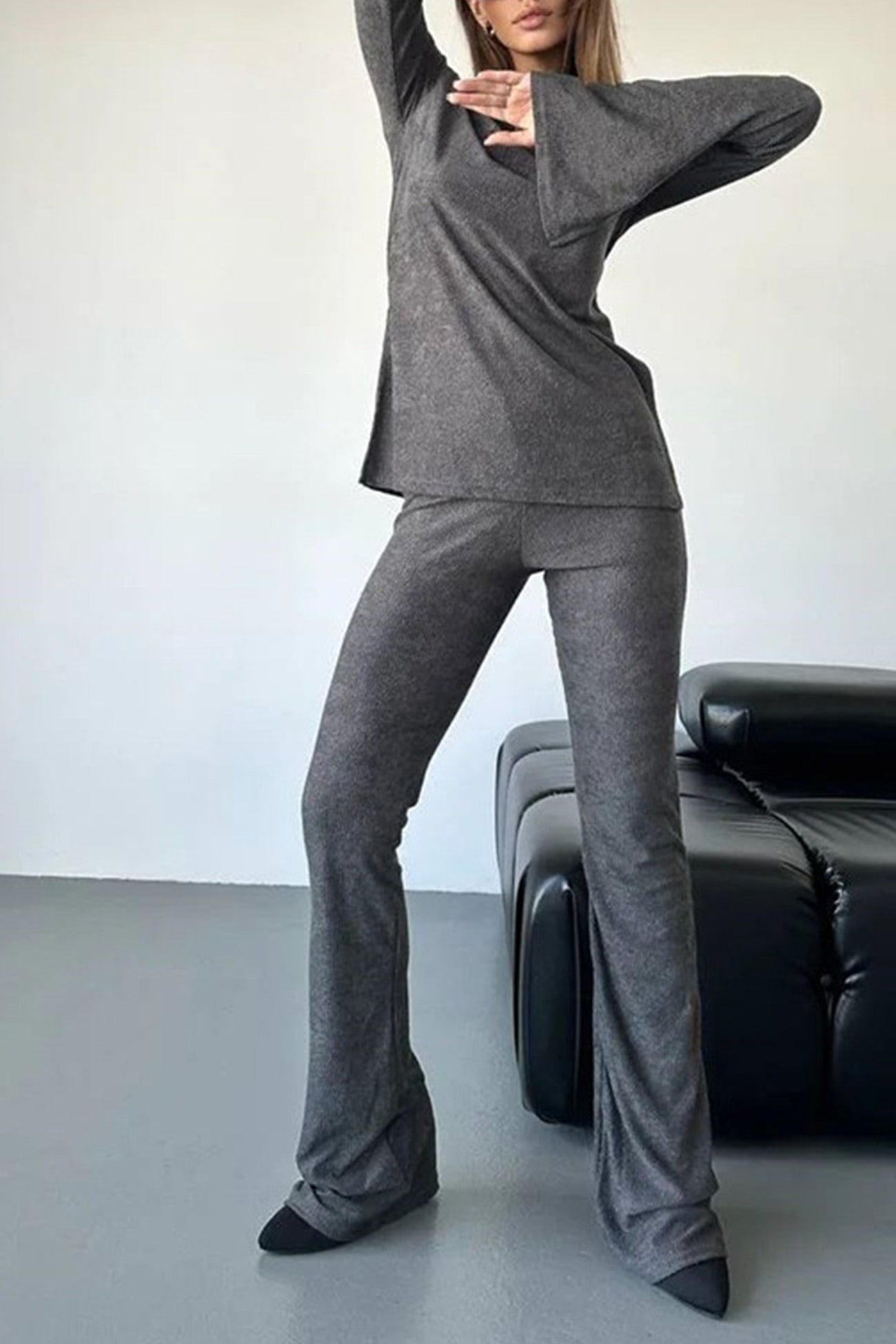 Flare Sleeve Knit Tops Long Pants Set
