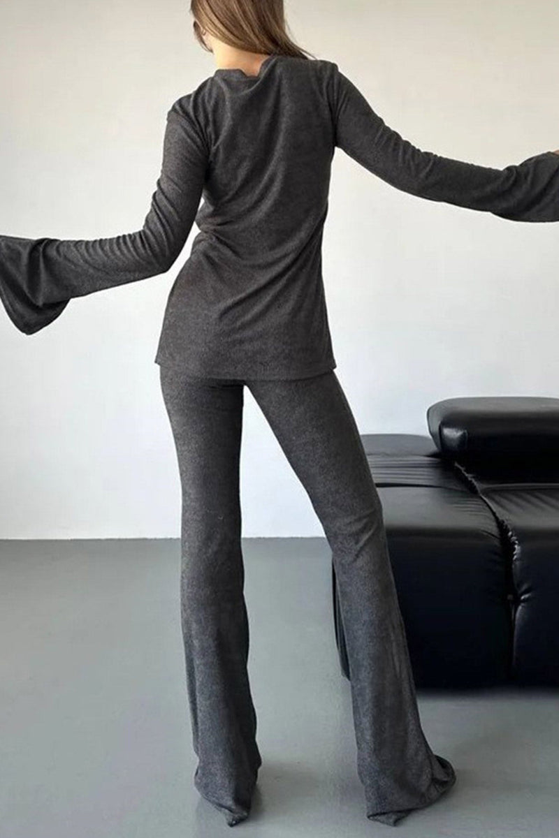 Flare Sleeve Knit Tops Long Pants Set