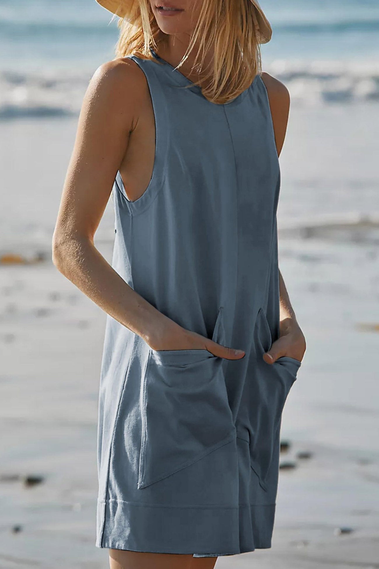 Front With Pockets Sleeveless Rompers