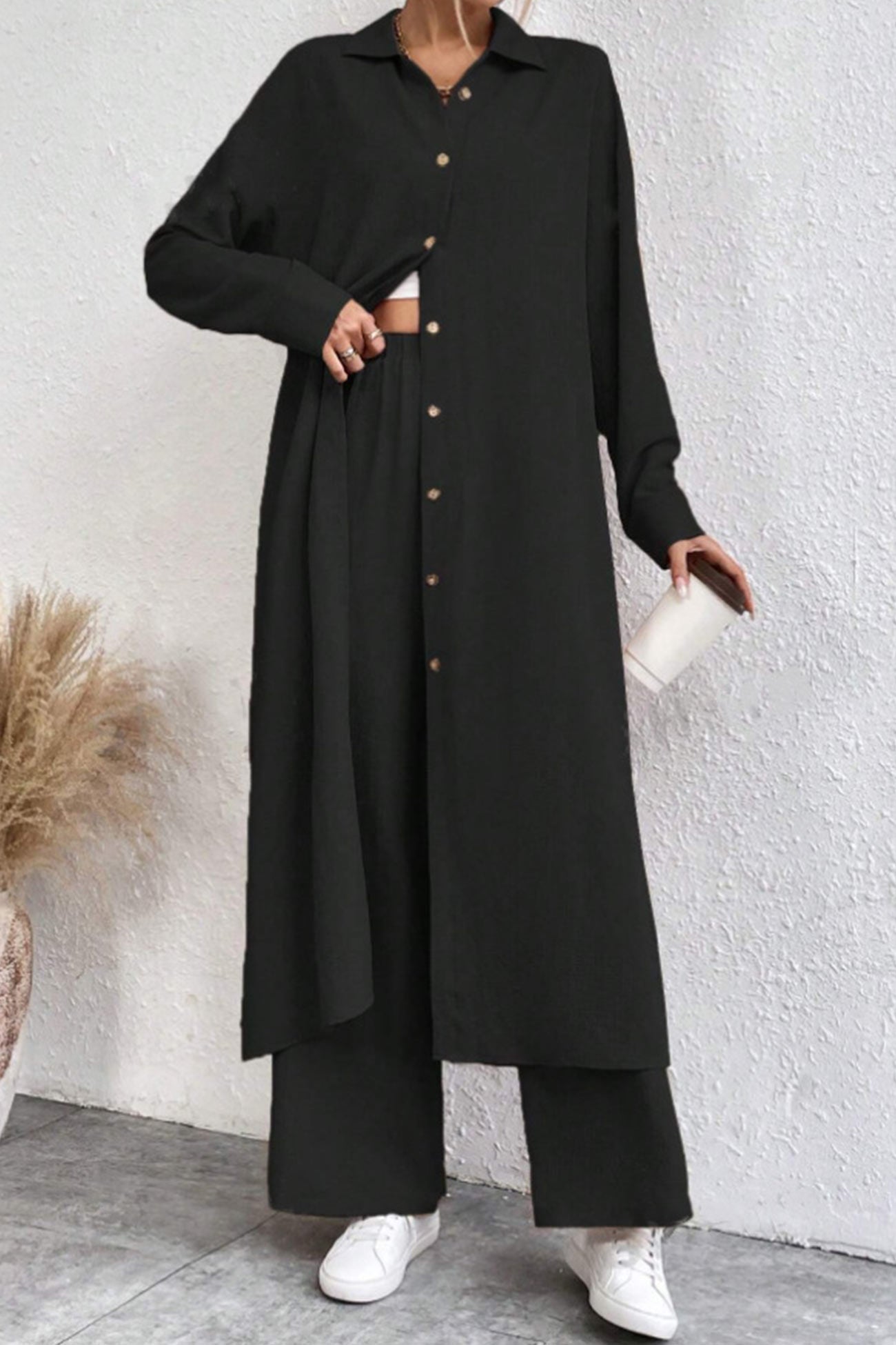 Long Shirt Wide Leg Pants Set