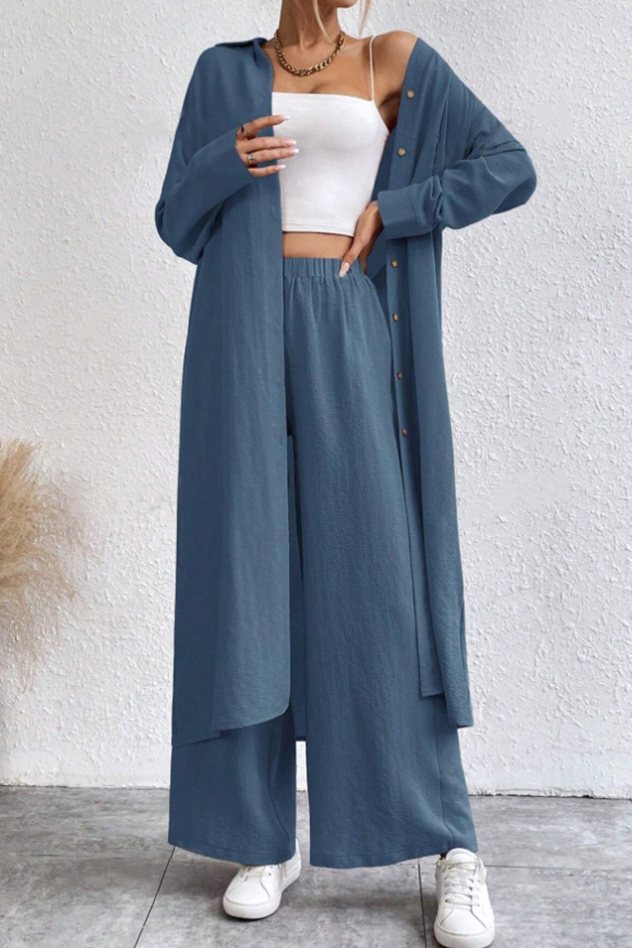 Long Shirt Wide Leg Pants Set