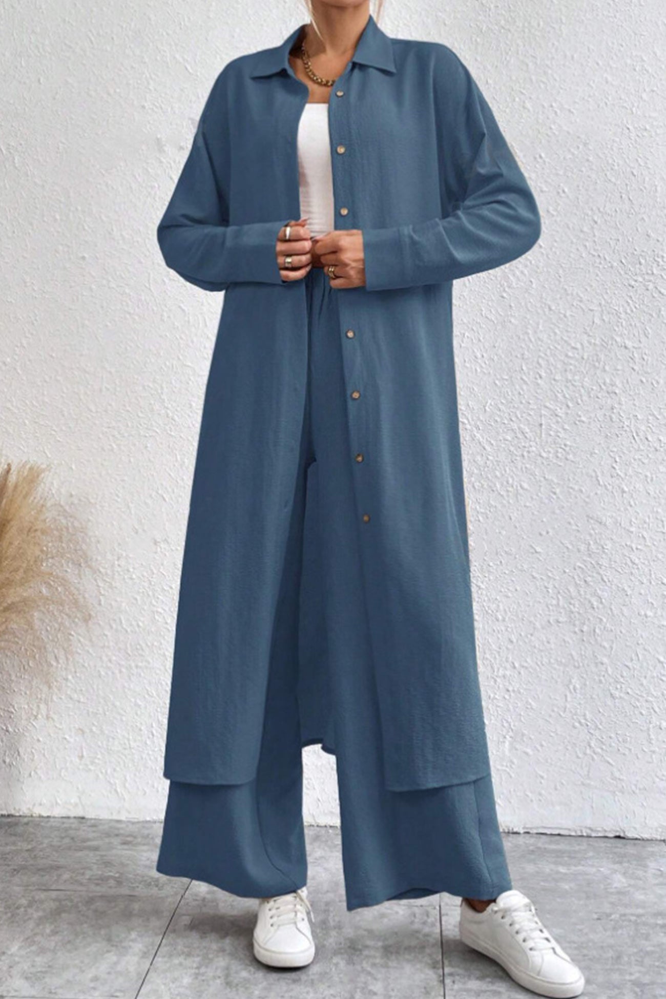 Long Shirt Wide Leg Pants Set