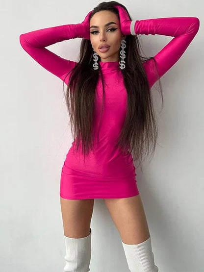 Long Sleeve With Gloves Mini Dress Bodycon Party Half Turtleneck Outfits Y2k Clothes