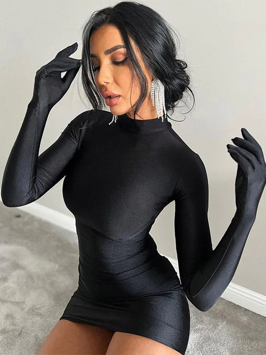 Long Sleeve With Gloves Mini Dress Bodycon Party Half Turtleneck Outfits Y2k Clothes