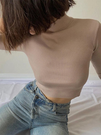 Nude Turtleneck Cropped T Shirt Autumn Long Sleeve T-shirt Skinny Basic Tee Shirt Femme