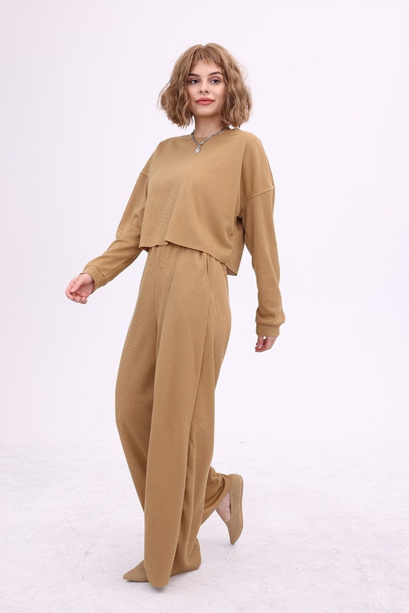 Waffle Pullover Top & Knit Wide Pants
