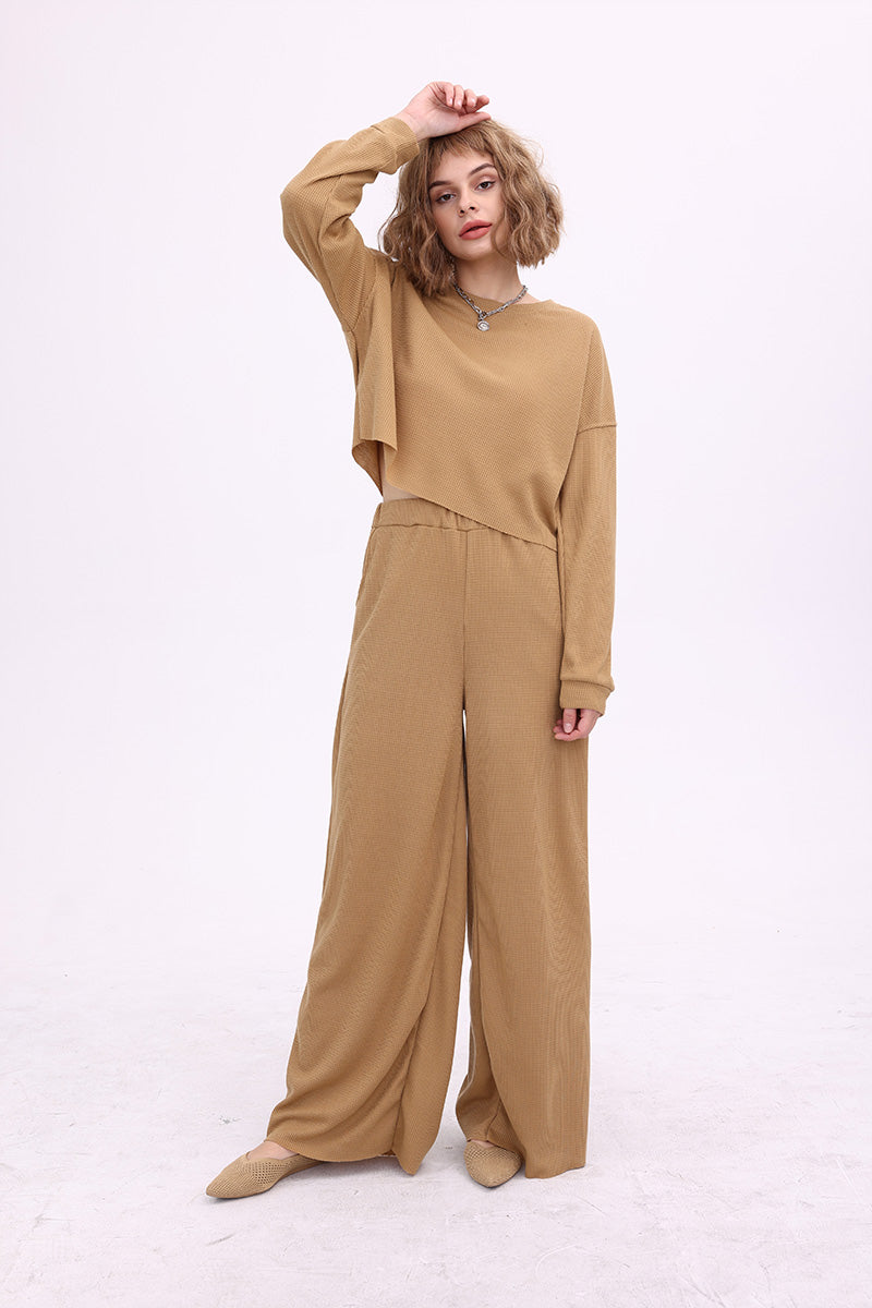 Waffle Pullover Top & Knit Wide Pants