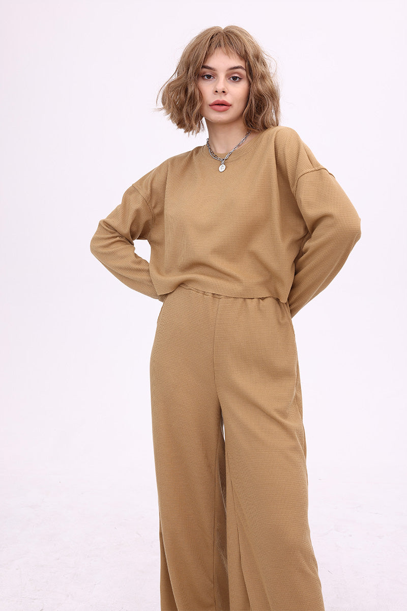 Waffle Pullover Top & Knit Wide Pants