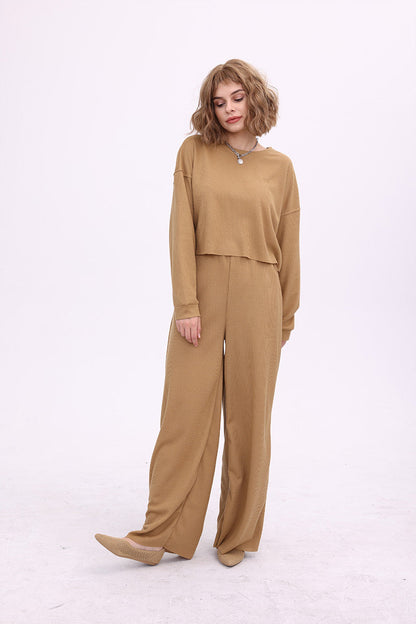 Waffle Pullover Top & Knit Wide Pants
