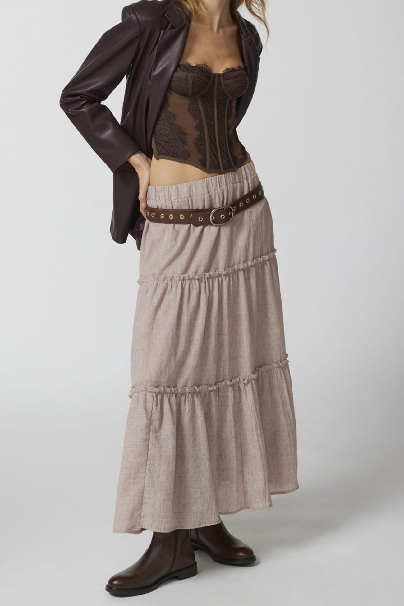 Ruched Tiered Midi Skirt