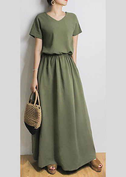 Sash Elastic Waist Short Sleeve Maxi Dress Green Lc0023