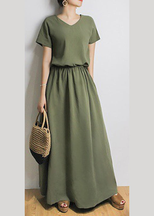 Sash Elastic Waist Short Sleeve Maxi Dress Green Lc0023