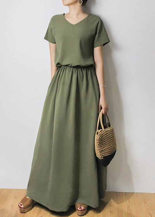Sash Elastic Waist Short Sleeve Maxi Dress Green Lc0023