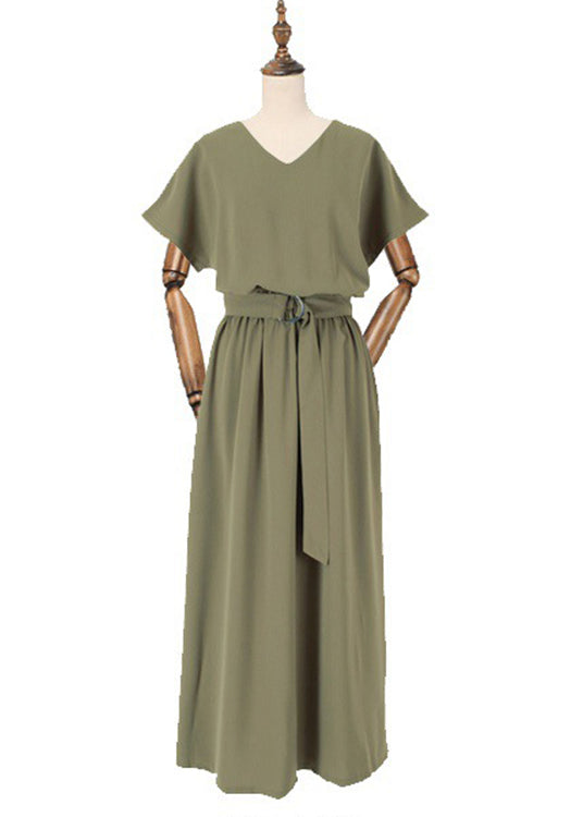Sash Elastic Waist Short Sleeve Maxi Dress Green Lc0023
