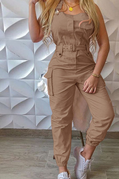 Sleeveless Belted Cargo Jumpsuits