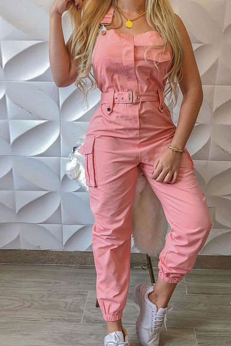 Sleeveless Belted Cargo Jumpsuits