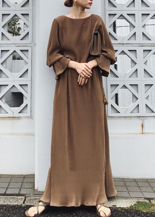 Split Long Sleeve Round Neck Maxi Dress Chocolate Lc0024