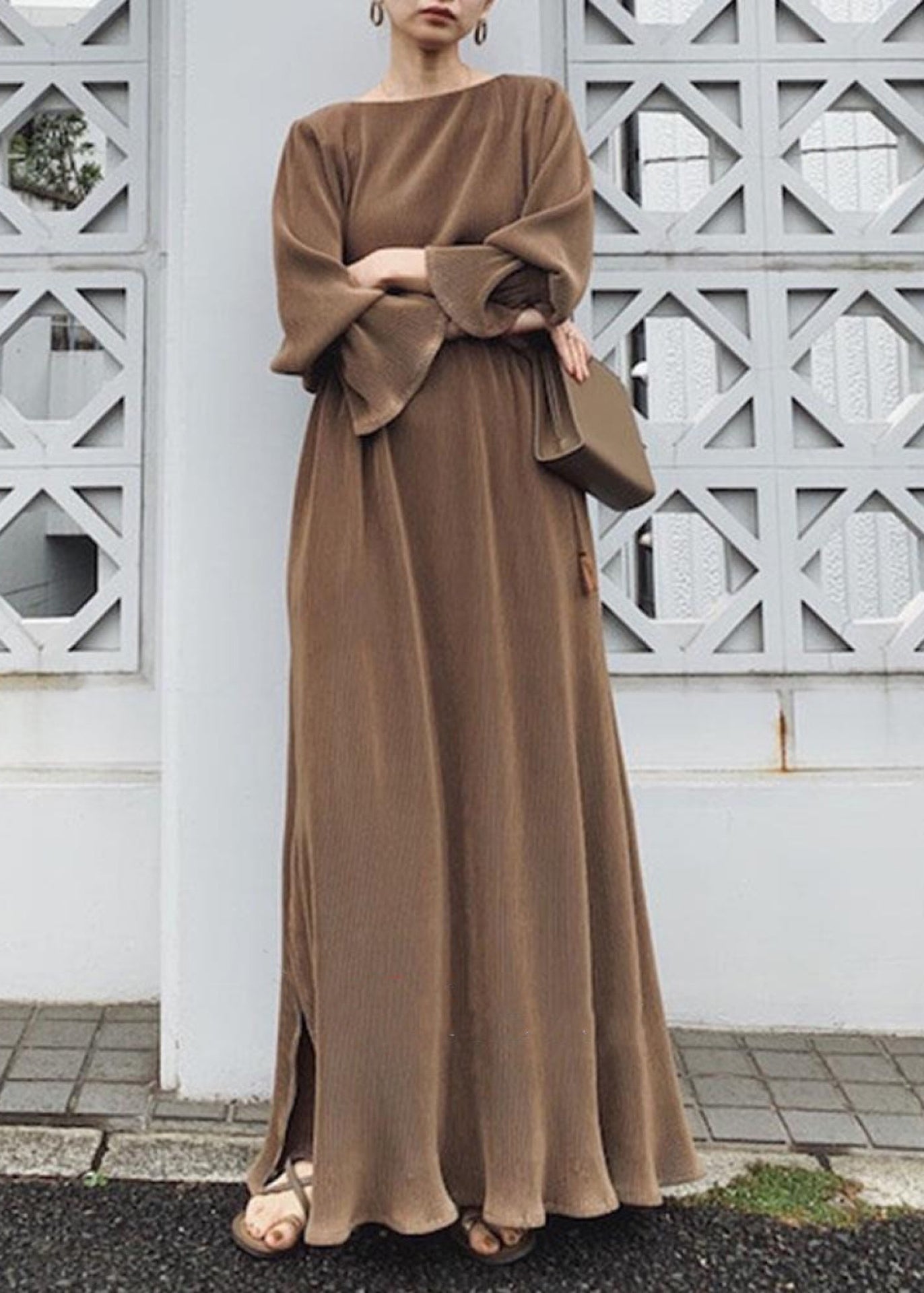 Split Long Sleeve Round Neck Maxi Dress Chocolate Lc0024