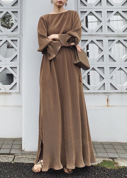 Split Long Sleeve Round Neck Maxi Dress Chocolate Lc0024