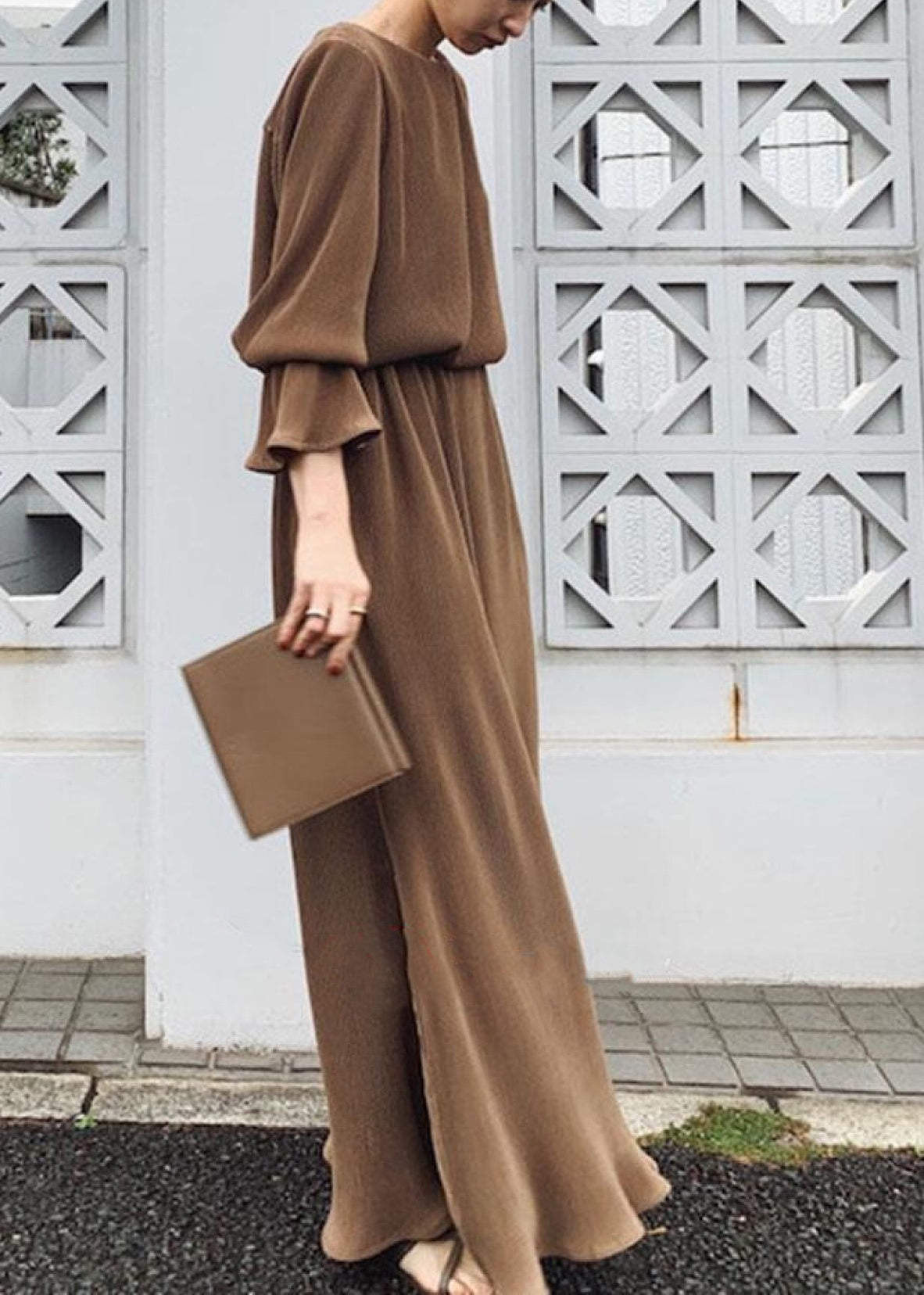 Split Long Sleeve Round Neck Maxi Dress Chocolate Lc0024