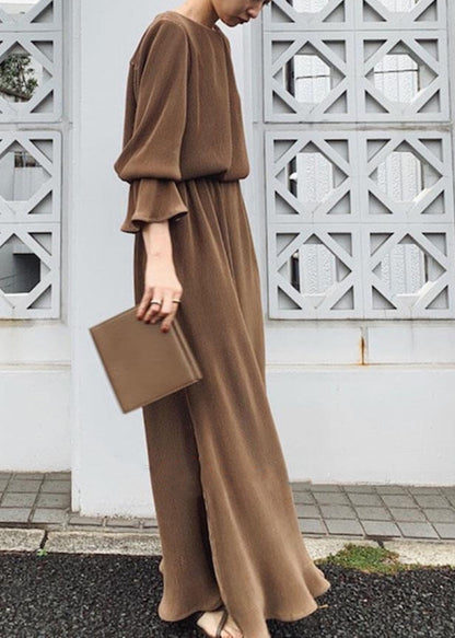 Split Long Sleeve Round Neck Maxi Dress Chocolate Lc0024