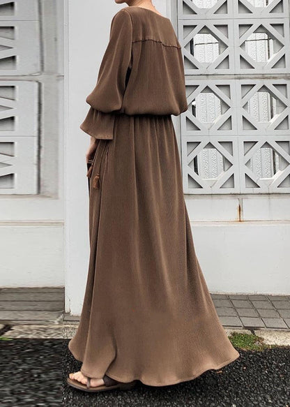 Split Long Sleeve Round Neck Maxi Dress Chocolate Lc0024