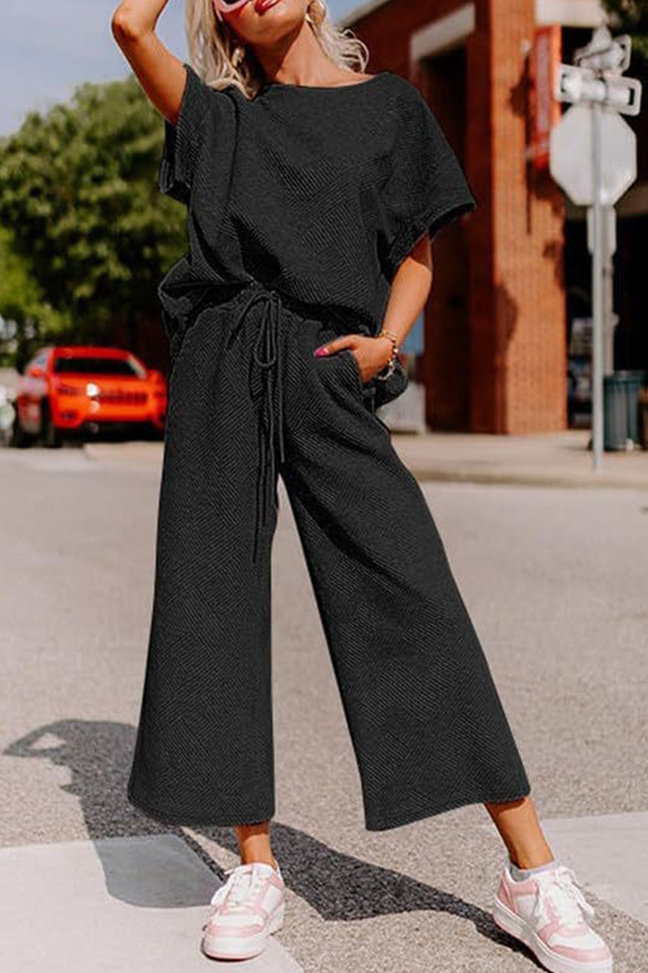 Textured T-shirt Long Pants Set