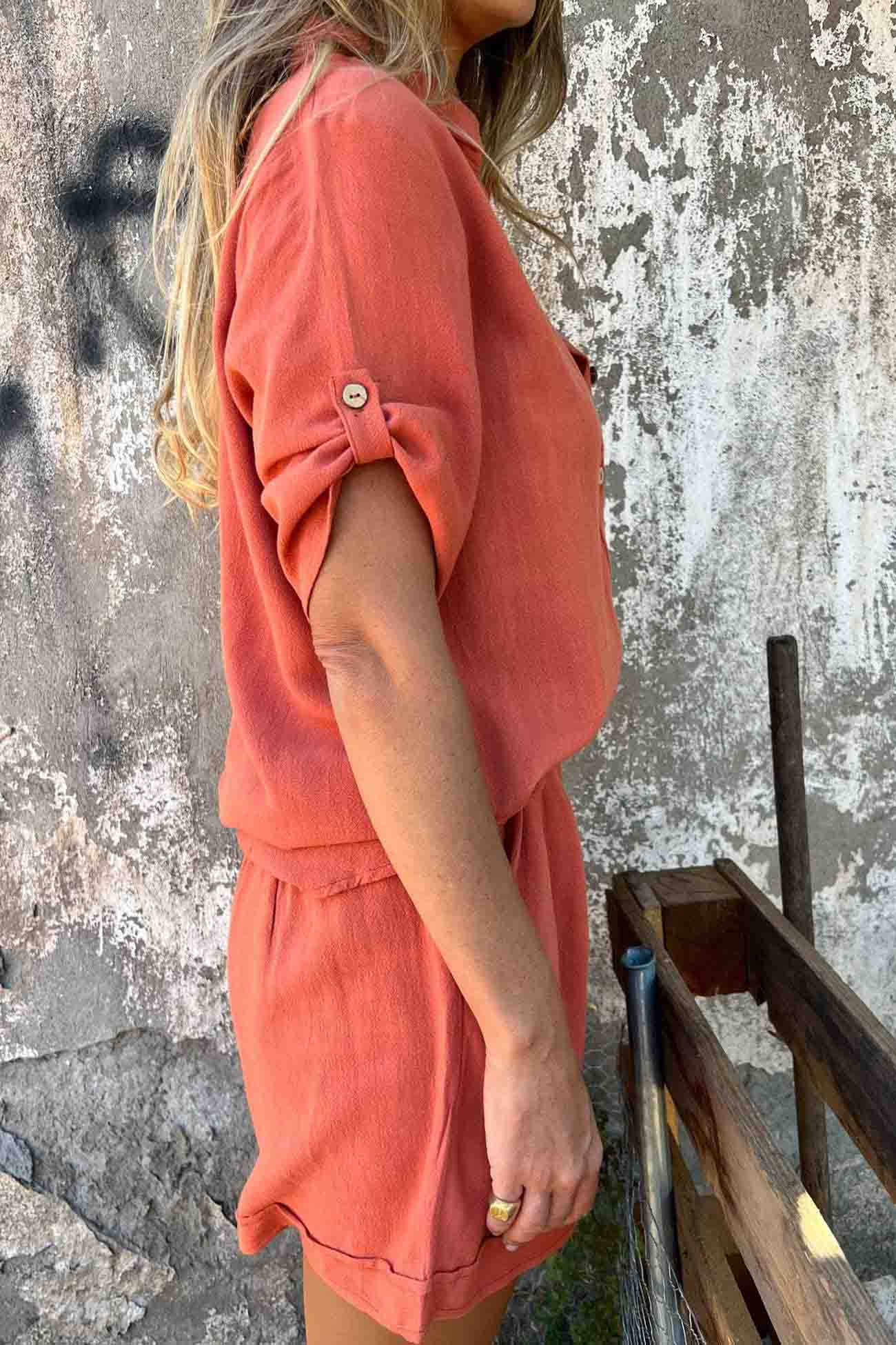 Color Button Down Half Sleeve Shorts Set