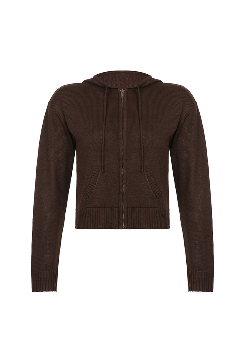 Color Hooded Pocket Zip-up Cardigan