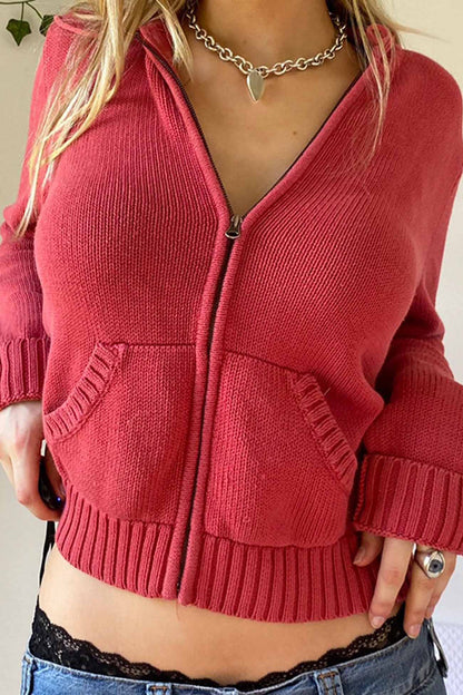 Color Hooded Pocket Zip-up Cardigan