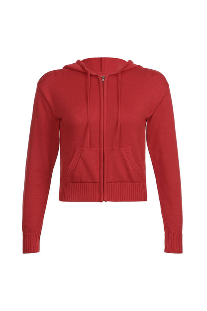 Color Hooded Pocket Zip-up Cardigan