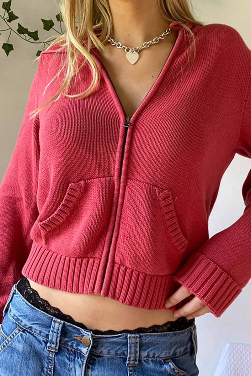 Color Hooded Pocket Zip-up Cardigan
