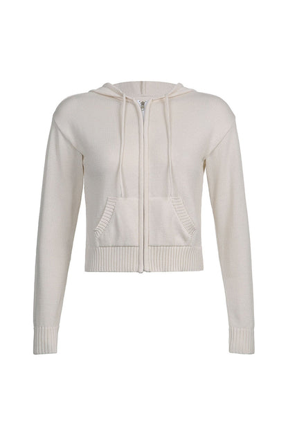 Color Hooded Pocket Zip-up Cardigan