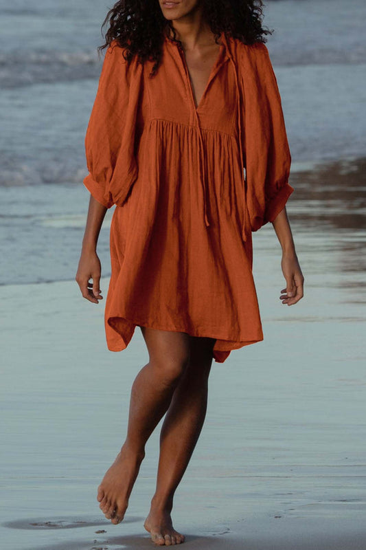 Color Lantern Sleeve V Neck Mini Dress