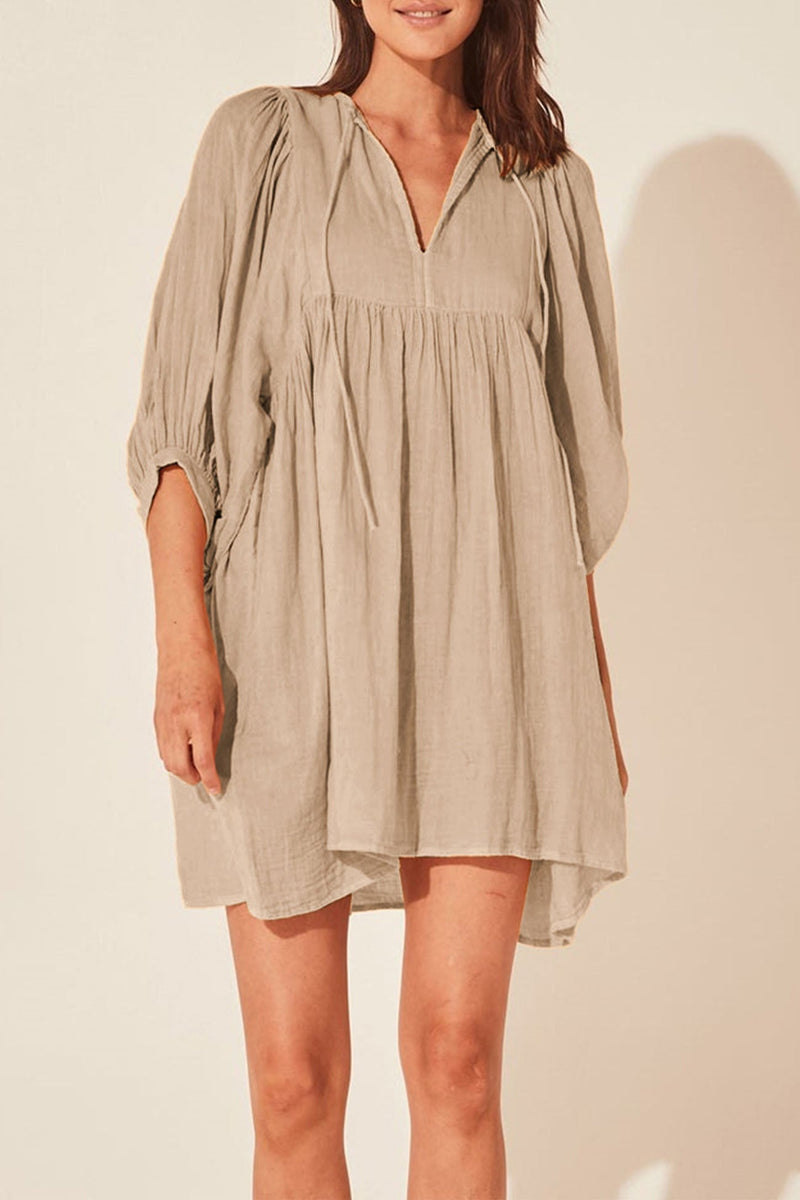 Color Lantern Sleeve V Neck Mini Dress