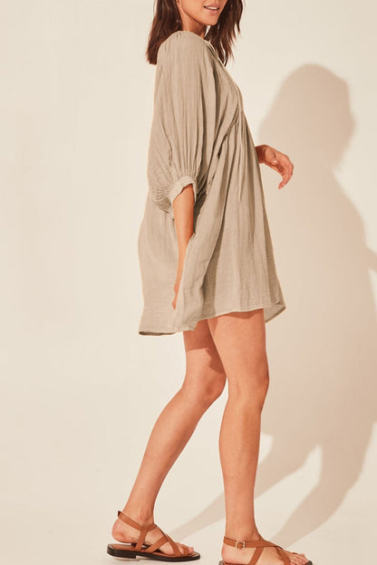 Color Lantern Sleeve V Neck Mini Dress