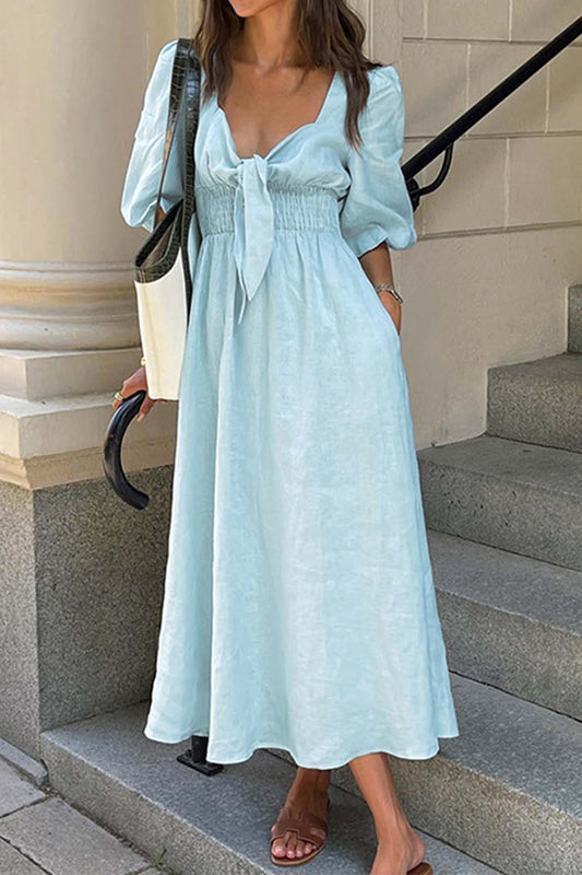 Color Puff Sleeve Knot Midi Dress