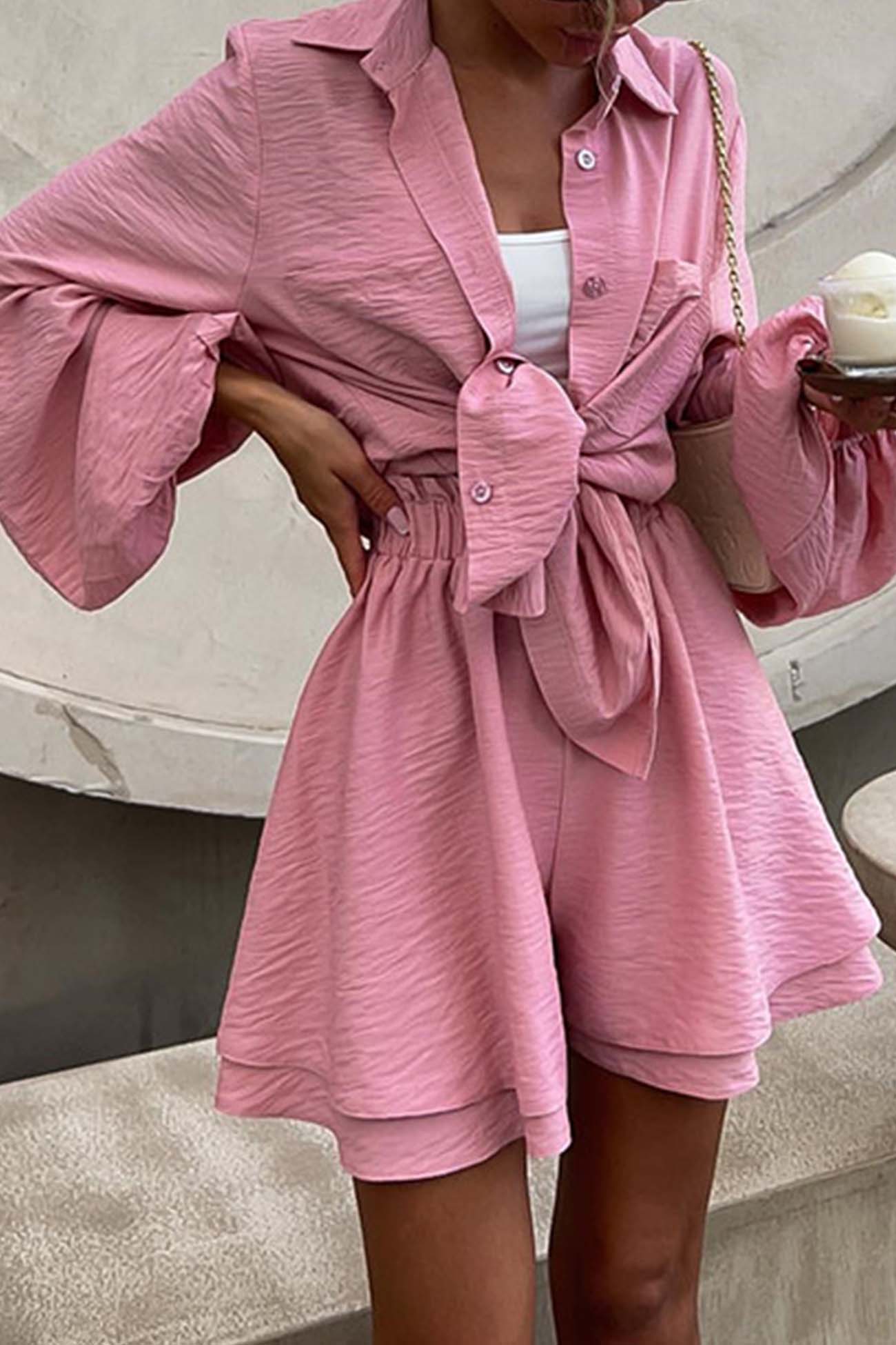 Color Puff Sleeve Shirt Shorts Set
