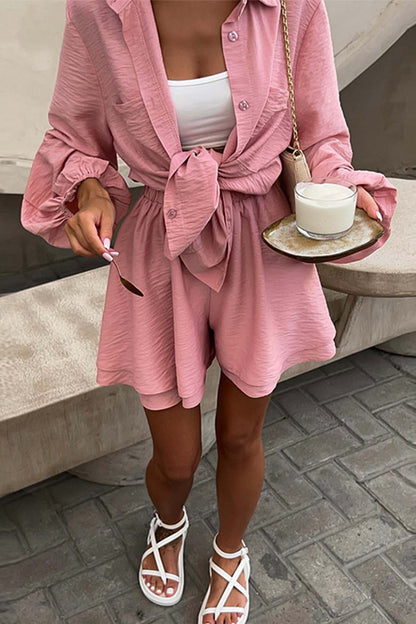 Color Puff Sleeve Shirt Shorts Set