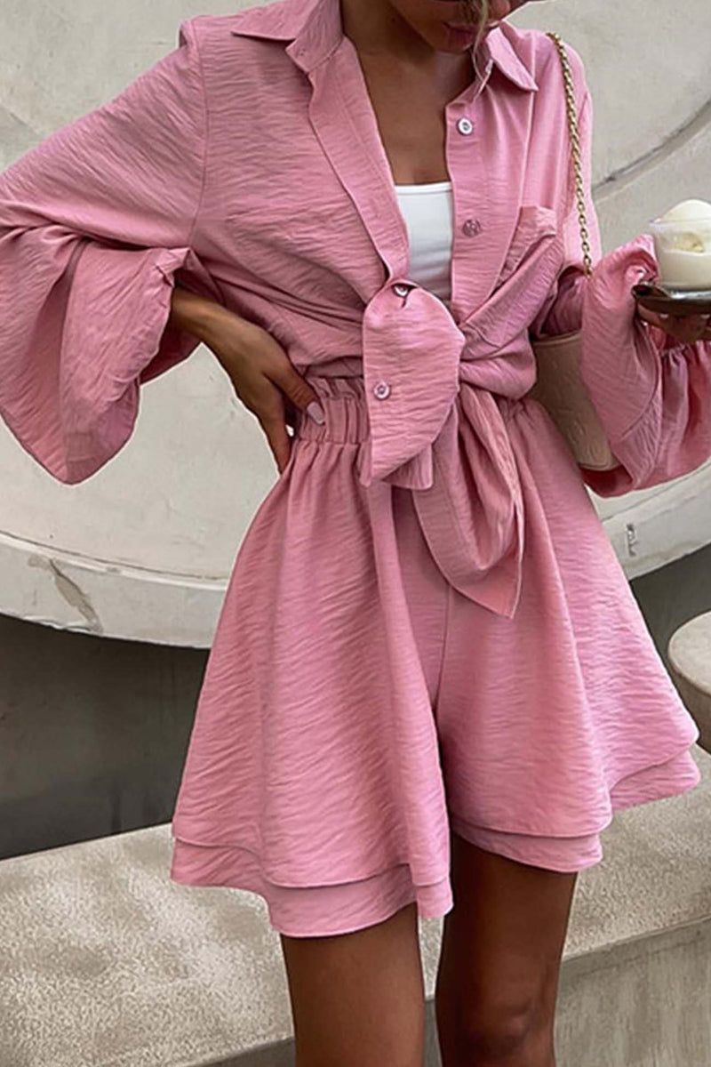 Color Puff Sleeve Shirt Shorts Set