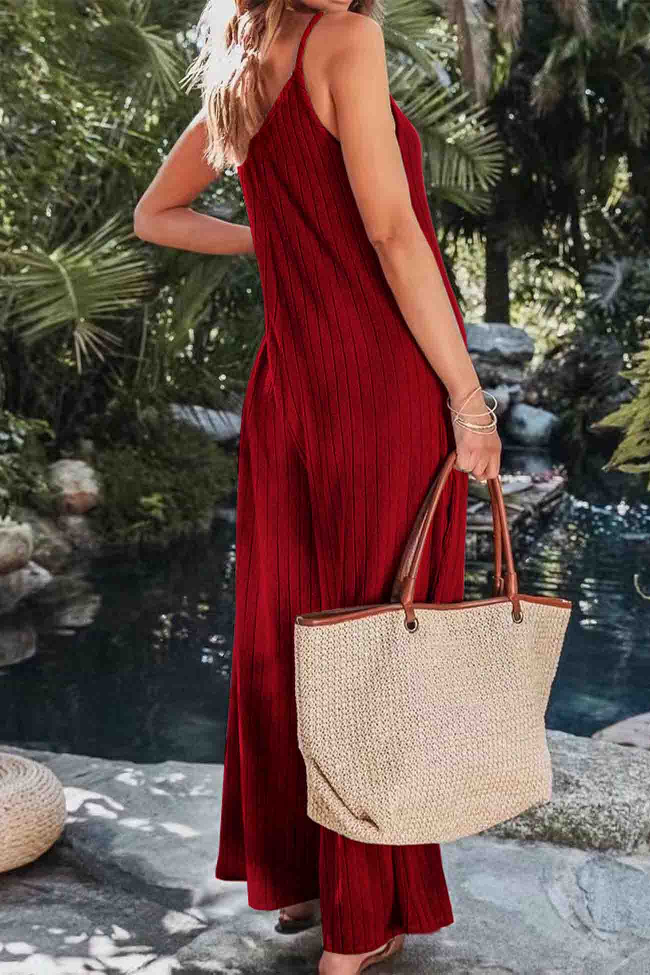 Color Ribbed Sleeveless Wide Leg Jumpsuit