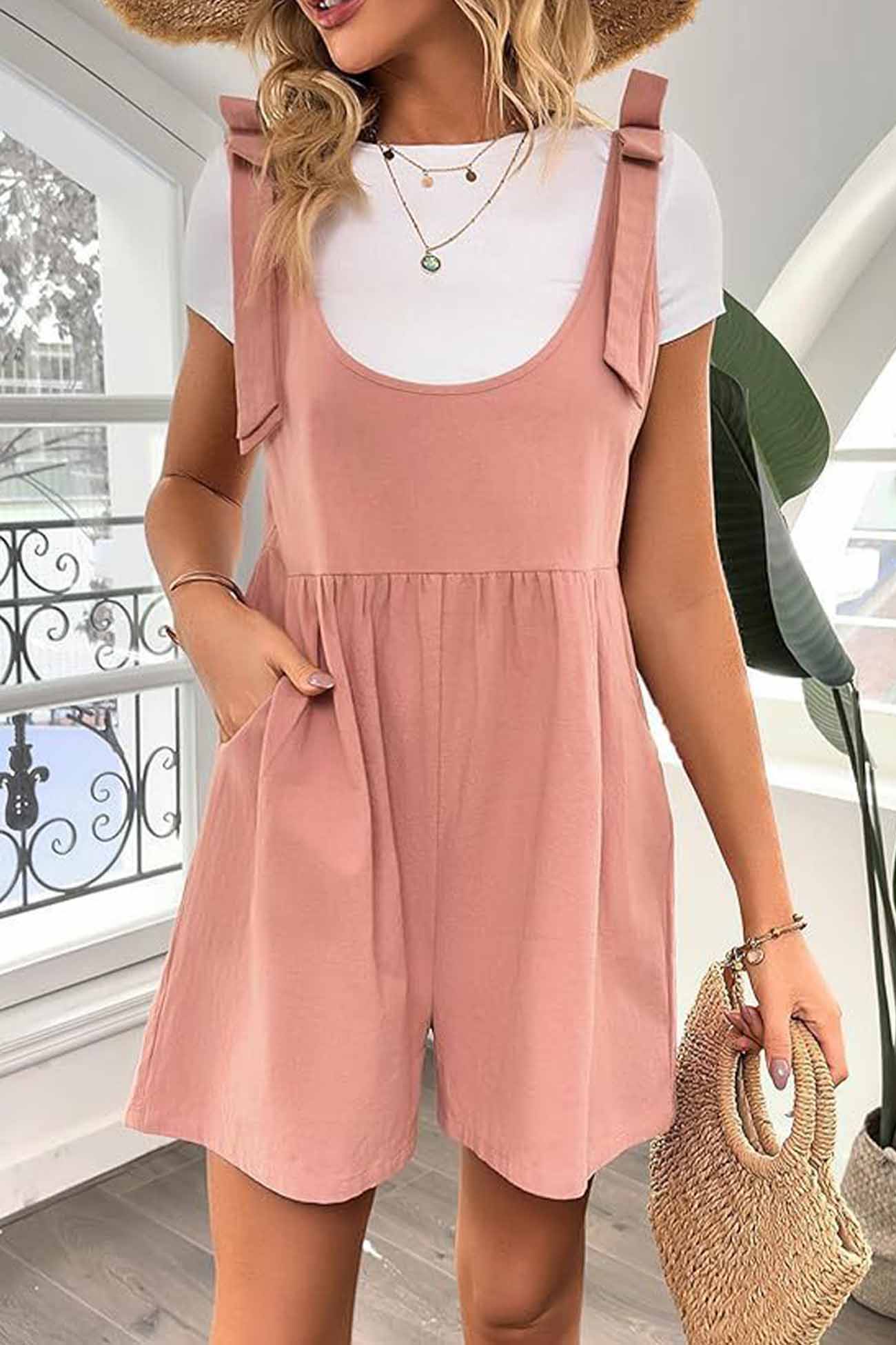 Color Shoulder Bow Pocket Rompers