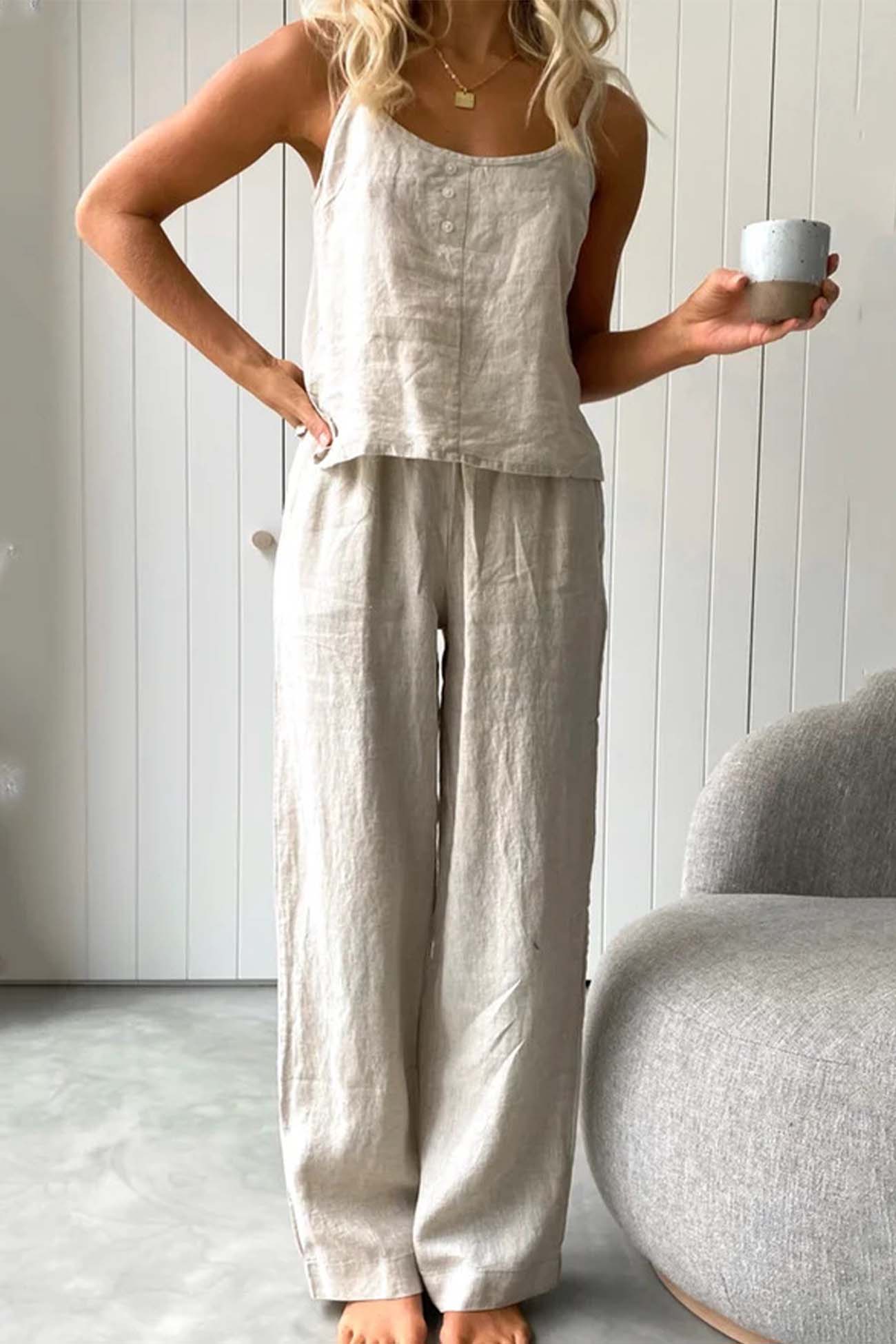 Color Cotton Spaghetti Straps Long Pants Set