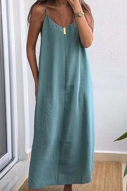 Color Spaghetti Straps Loose Midi Dress