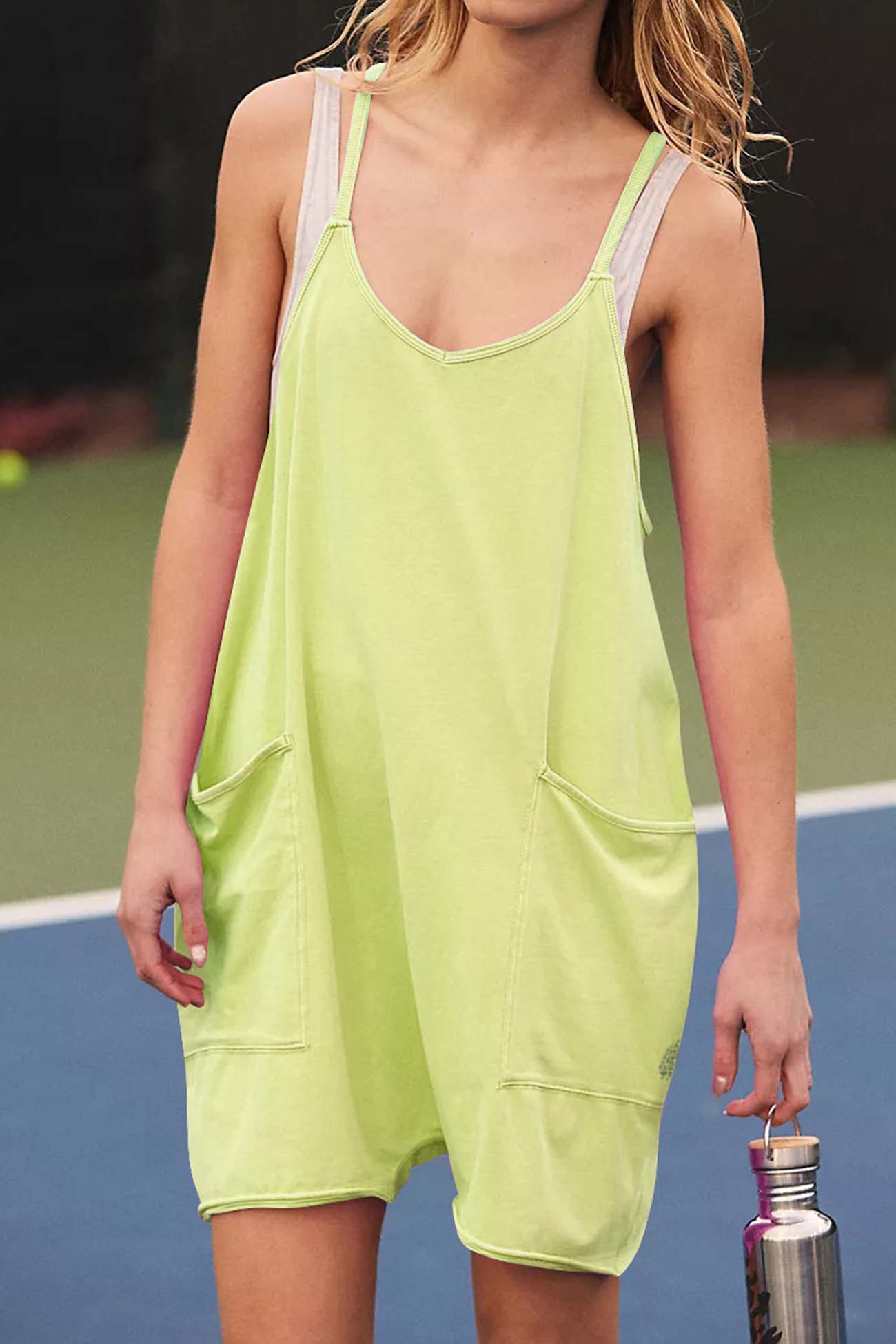 Color V Neck Pocket Cami Rompers