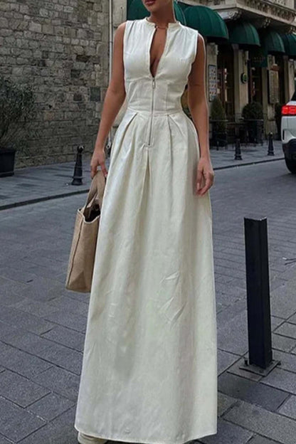 Color Zipper Sleeveless Maxi Dress