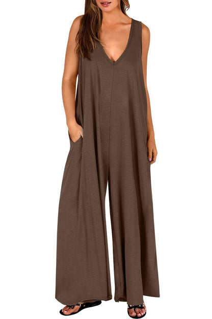 V Neck Pocket Wide Leg Jumpsuits